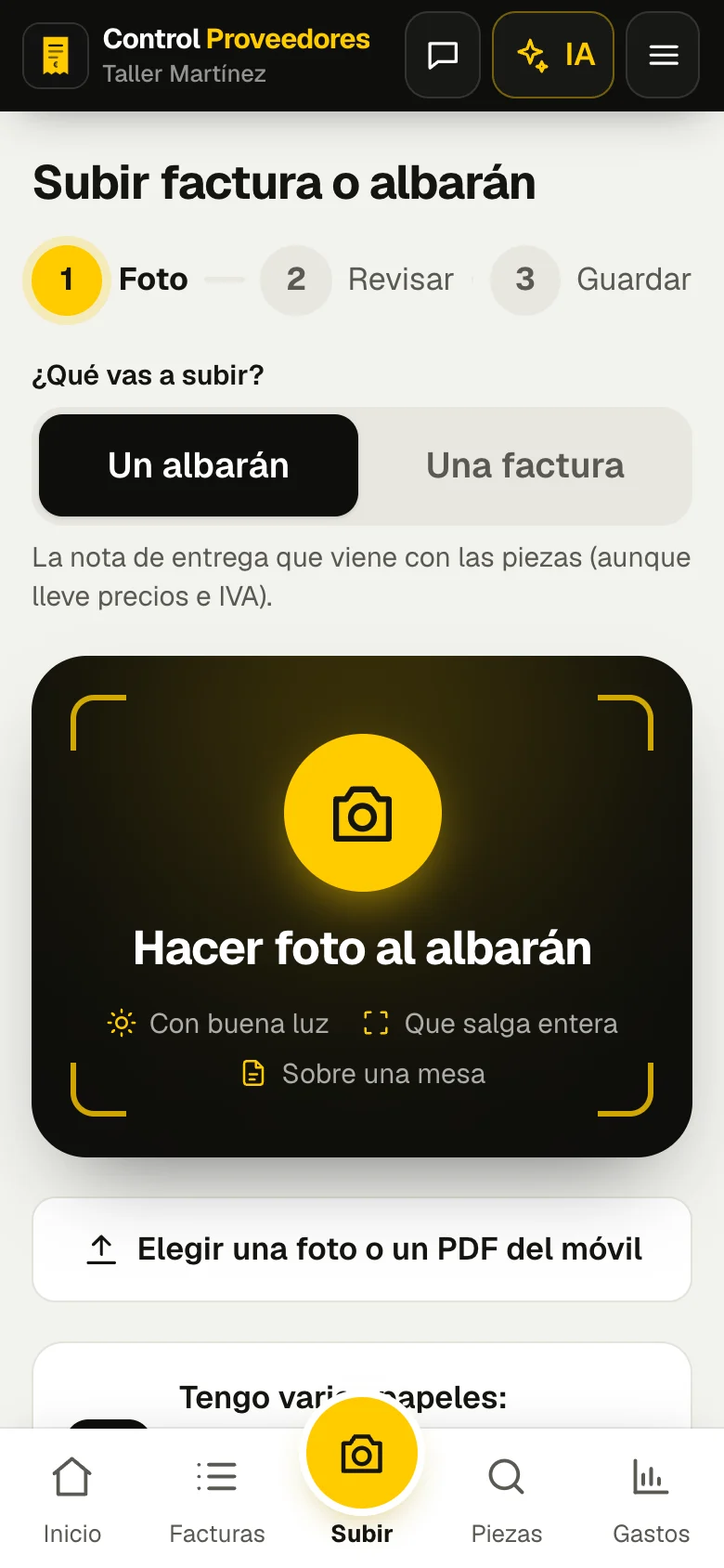 Pantalla del móvil: subir factura o albarán con una foto
